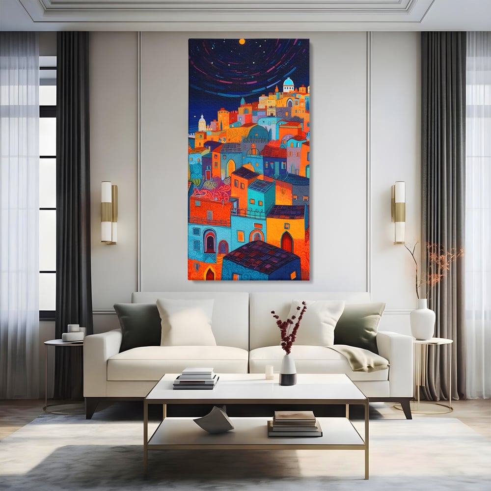 Tablou canvas cu tablou canvas cu oras colorat si cer instelat, fara rama, pe sasiu de lemn, pe perete intr-un living